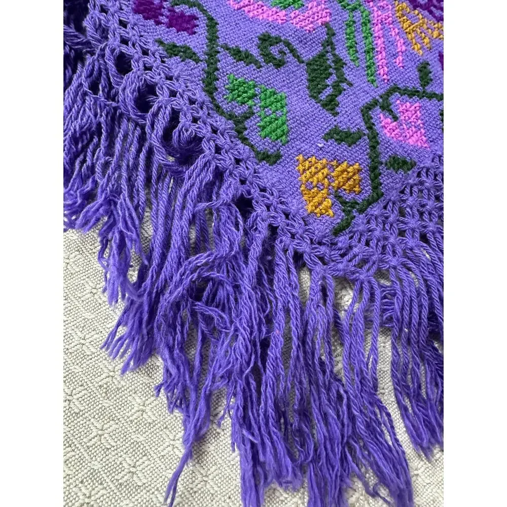 Mexican Mañanita embroidered poncho purple bird floral primitive folk fringed